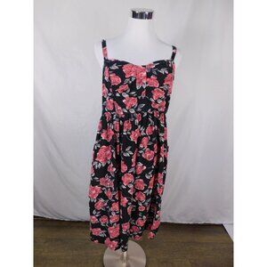 Torrid Black Pink Rose Midi Dress 1 - Smocked Back Pockets - Excellent